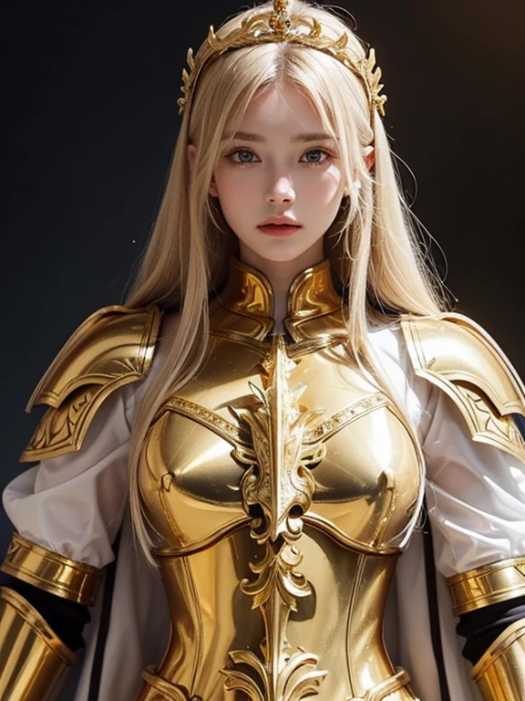 Attractive 18 year old Russian famous model, Light blonde hair, Close-up of a woman wearing only armor and a white cloak made of gold metal chains, Beautifully patterned gold armor, Sailor Galaxy, God Emperor of Mankind, She only wears golden armor, Saint Seiya, Gold Paladin, Light Gold Armor, welcome, Wearing only gold armor, Rotten metal, Wearing only shining gold armor, Gold Armor, Wearing only shining gold armor, The welcomes of gold, Charismatic, Model standing,The whole body shines like a diamond,Separate armor