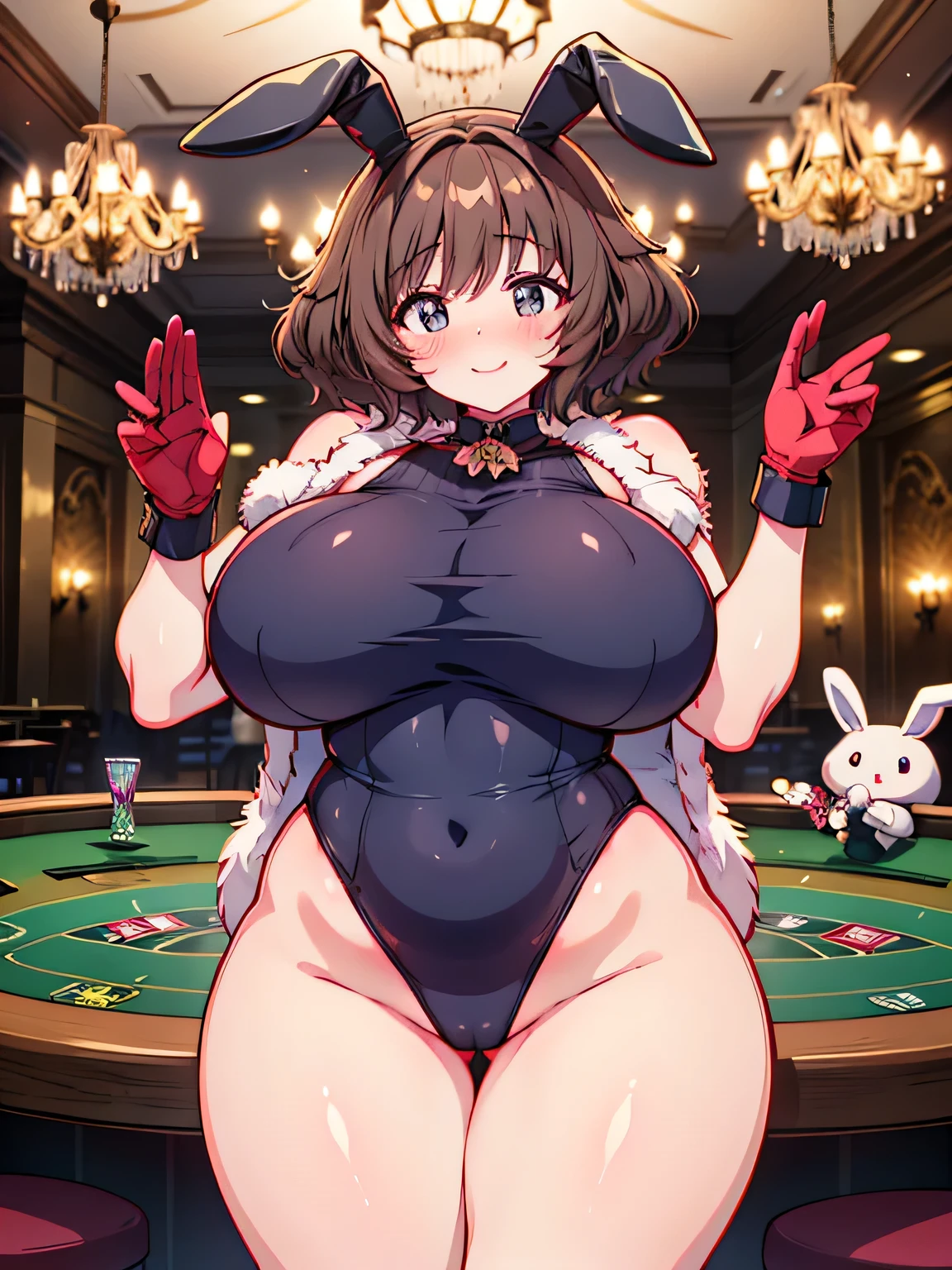 Anime illustration、highest quality、cyber punk、Otherworldly fantasy、casino、chandelier、A plump bunny girl with brown skin、Giant roulette wheel、Bunny ears、Perfect proportions、Big Breasts、Thick legs、Beautiful, shining eyes、Blushing、smile、Cowboy Shot