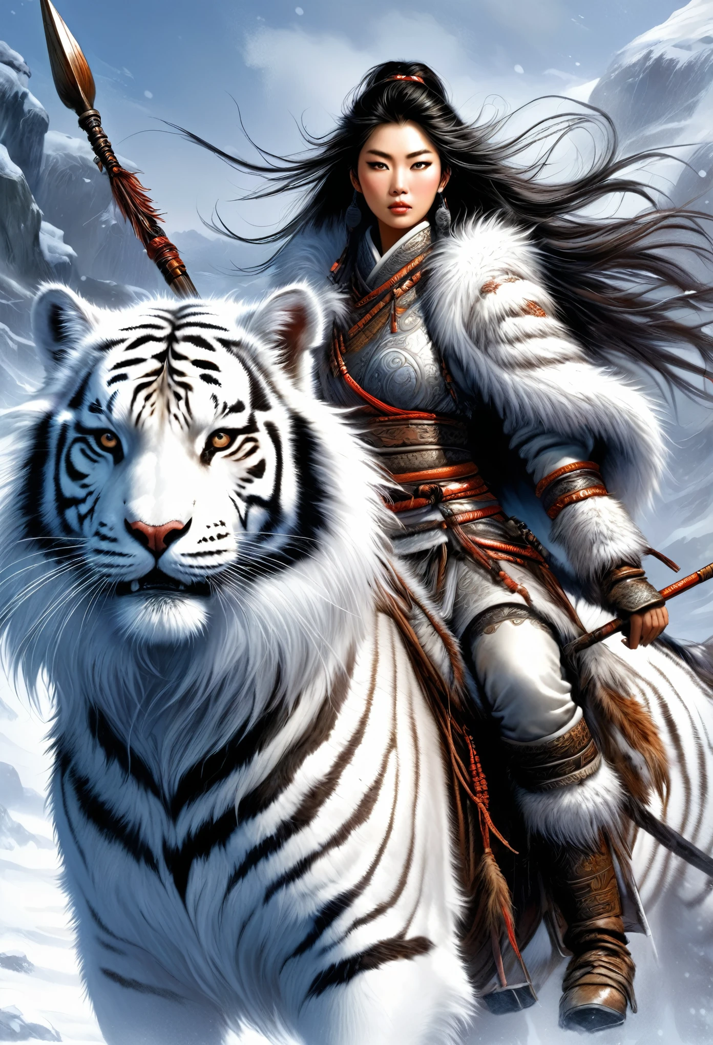 Wearing warm winter clothing made of thick fur, Cleverly combines traditional Chinese design patterns with contemporary elements ，messy and fluffy hair, Intense expression，Full of energy, Sharp eyes， 1 Girl, Handsome face，Detailed face，Horseback riding, Looking at the audience，tiger_beast, Epic Fantasy Character Art, wearing intricate fur armor, style of luis royo, Northern female warrior holding a spear