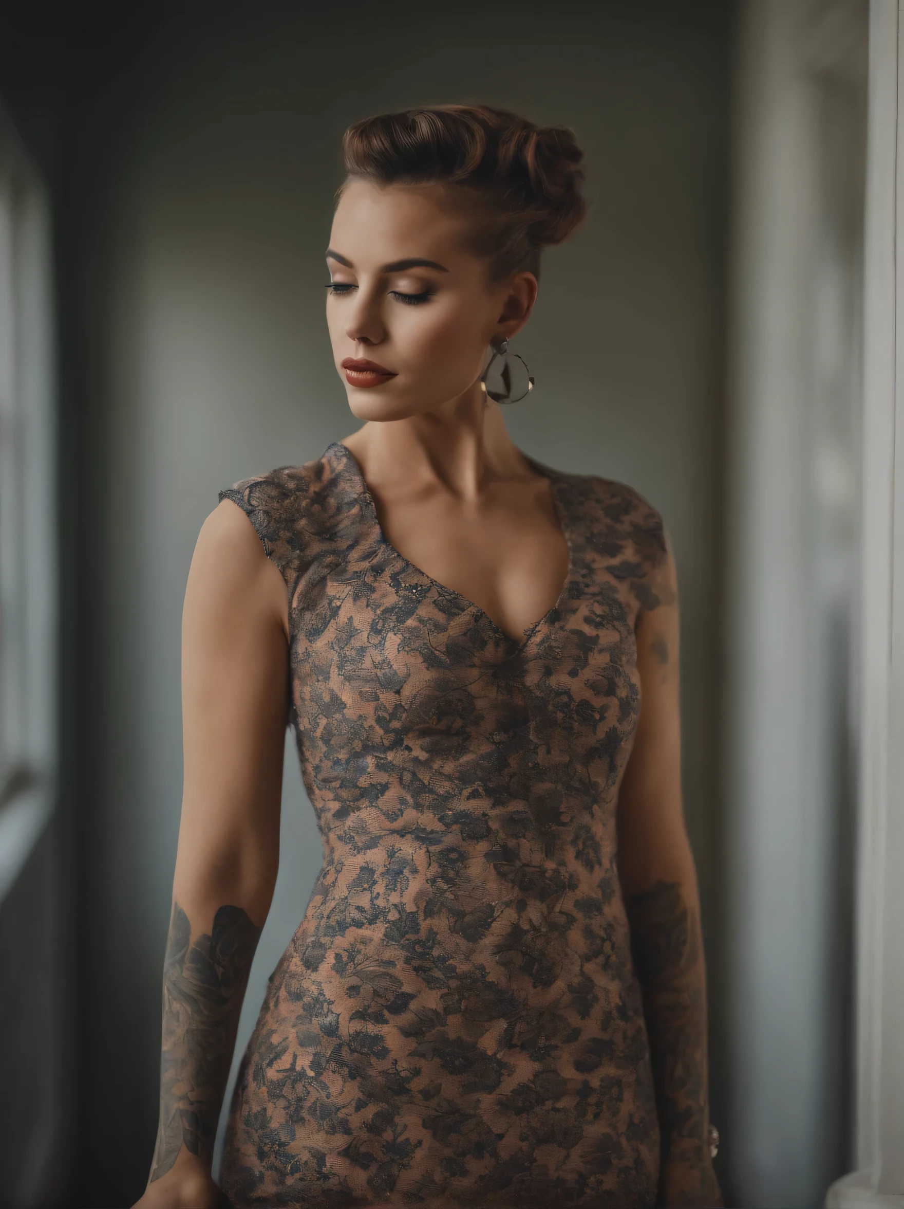 Fashionable shooting posture, stunning beauty, eye-catching tattooed female fashion model, wearing exquisite dresses with fashionable house patterns, shaved head, early morning, Kodak Portra 160
