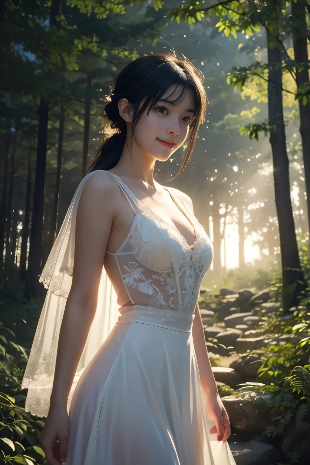 (Masterpiece:1.2), best quality, (illustration:1.2), (ultra-detailed), hyper details, (delicate detailed), (intricate details), (cinematic light, best quality Backlights), clear line, from below, soloist, soft lights, ethereal, magical looking, a candid looking girl with soft curly black hair, brown eyes, forest, fairytale, full body, perfect body, big breasts, magical, light particles, fireflies, art by Mschiffer merged with Makoto Shinkai, cute smile