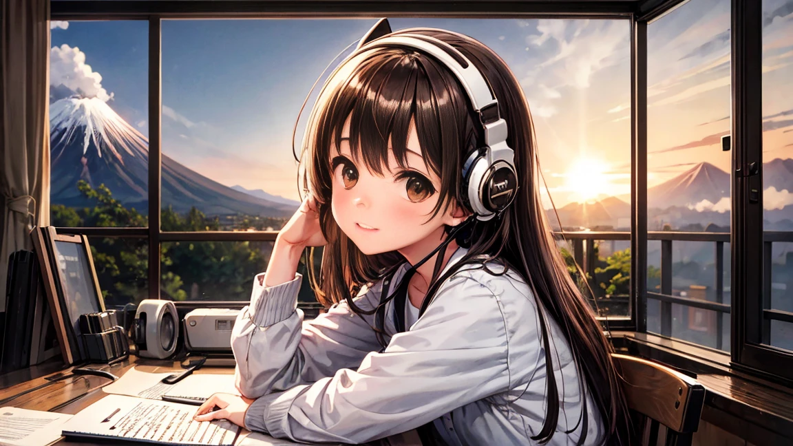 Lo-Fi Research, girl, write, ~ ~ ~ side, 日本人のgirl, Brown Hair, Medium Long Hair, Headphones, Summer clothes, window, mount fuji background, summer night
