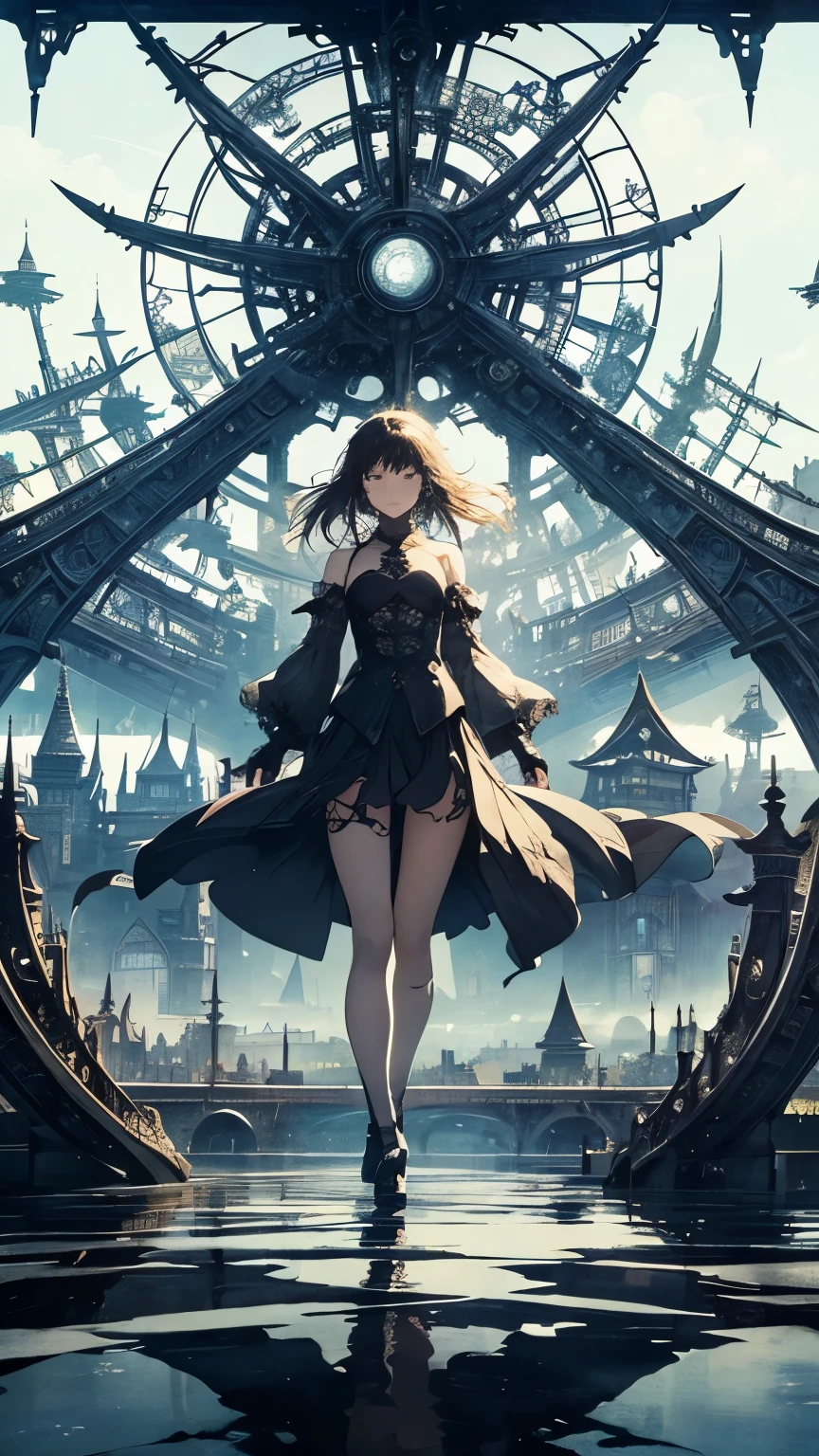 Arthur Rackham, DaisukeRichard, Surreal, mysterious, strange, fantastical, fantasy, Sci-fi, Japanese anime, kaleidoscope city, miniskirt beautiful girl drawing architectural drawings, perfect voluminous body, reflection and symmetry, detailed masterpiece full colours perspectives angles
