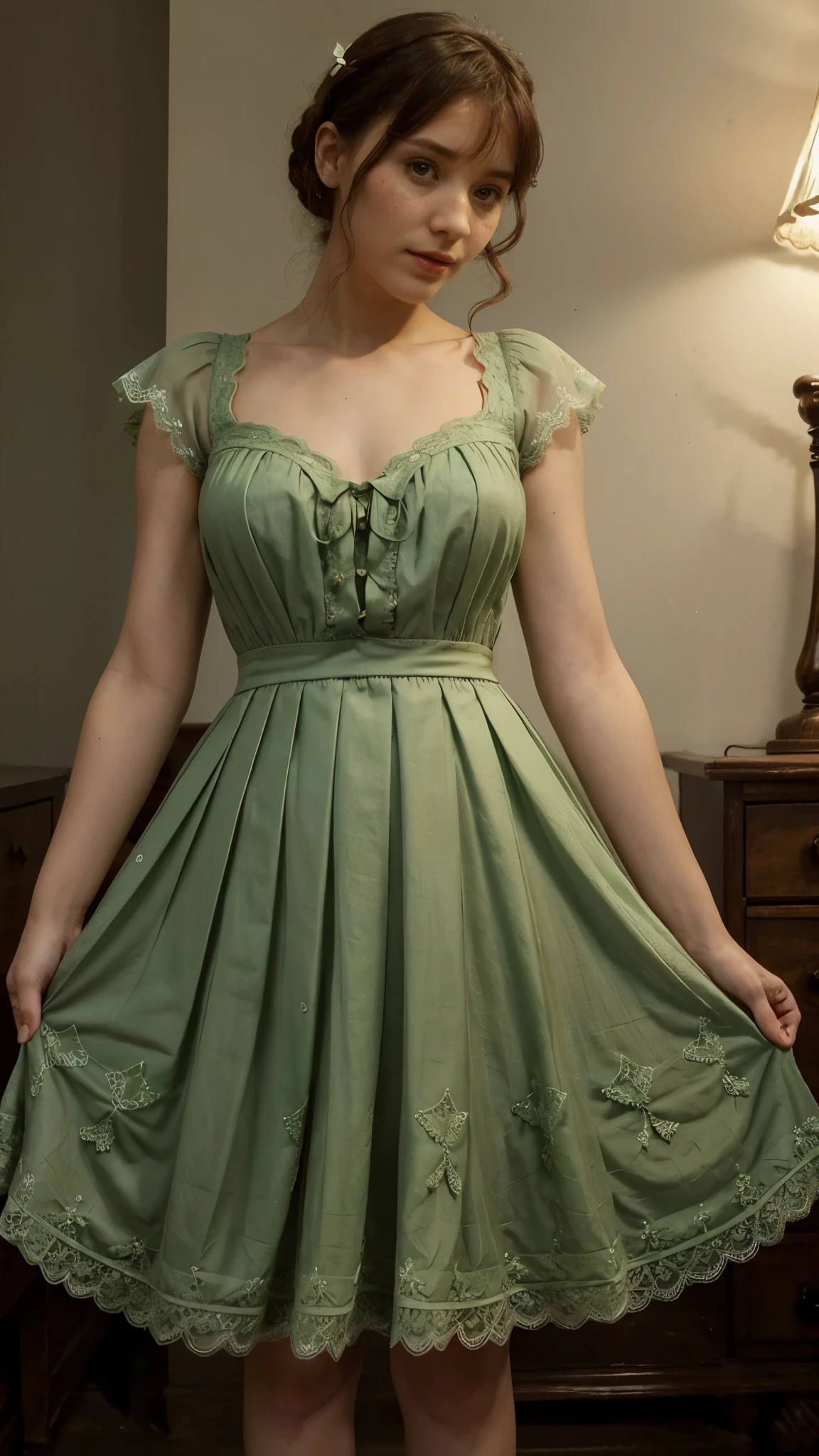 (simple style), green dress, Butterfly heart, pleated lace, Edwardian lace dress. add skin blemishes, acnes, spots beautifully, little smils, red lips,