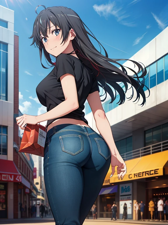 ((masutepiece, Best Quality, hight resolution, nffsw, Perfect Pixel, depth of fields, 4K, )), 1girl in, Solo, , Beautiful anime girl, Beautiful Art Style,
very low view angle:1.3, view from below:1.5, sky from below:1.5, shopping mall background, squatting:1.5,
Perfect body, smile face:1.5, Looking back:1.5, show ass:1.5,
yukinoshita yukino, black hair, long hair, large breasts, blue pants:1.5, black tshirt:1.5,
Full face blush, black socks:1.5, red converse:1.5, red face,
straight on:1.3, medium shot
