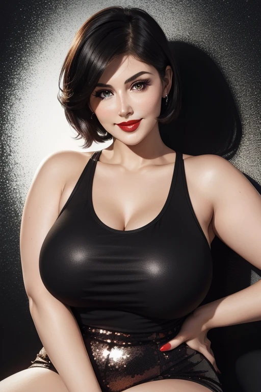Lucy Pinder, Face portrait, portrait, smiling, red lipstick, black hair, short hair, short dress, tank top, sequin t-shirt, black t-shirt, ((Voluptuous woman)),