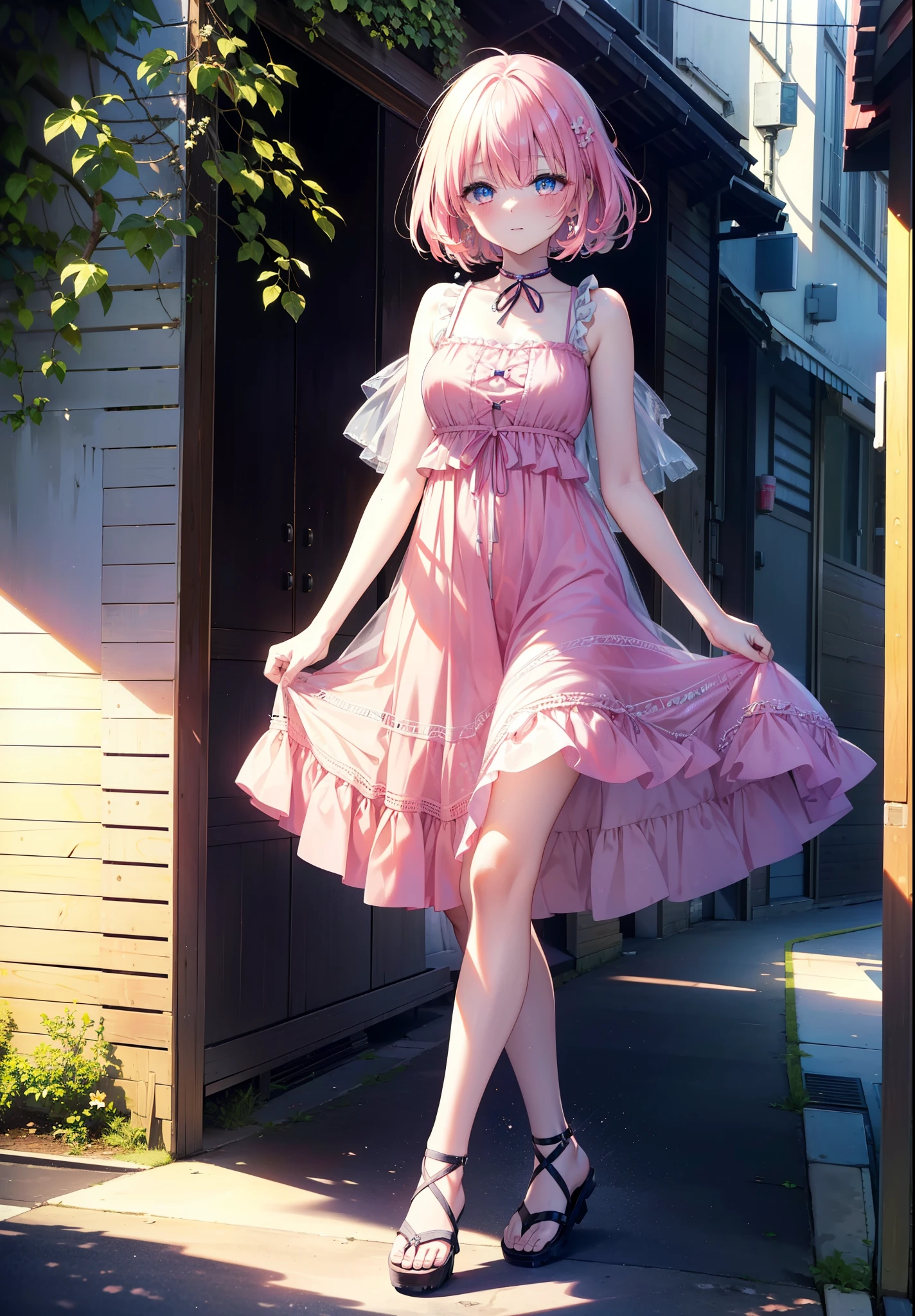 Model Luke, Momo Model Building Luke, Devil&#39;s Tail, Hair Flowers, hair ornaments, Pink Hair,Short Hair,(Purple eyes:1.1), smile,blush,happy smile, smile, Open your mouth,
, Sleeveless Pink Dress,Pink long skirt,Cute Sandals,walking,Real Summer,Daytime,sunny,whole bodyがイラストの中に入っていくように,
break outdoors ,Coastal Road,In town,　　　　　　　　　　　　　　break looking at viewer, whole body,
break (masterpiece:1.2), highest quality, High resolution, unity 8k wallpaper, (shape:0.8), (beautiful deしっぽed eyes:1.6), extremely deしっぽed face, Perfect lighting, extremely deしっぽed CG, (Perfect hands, Perfect Anatomy),