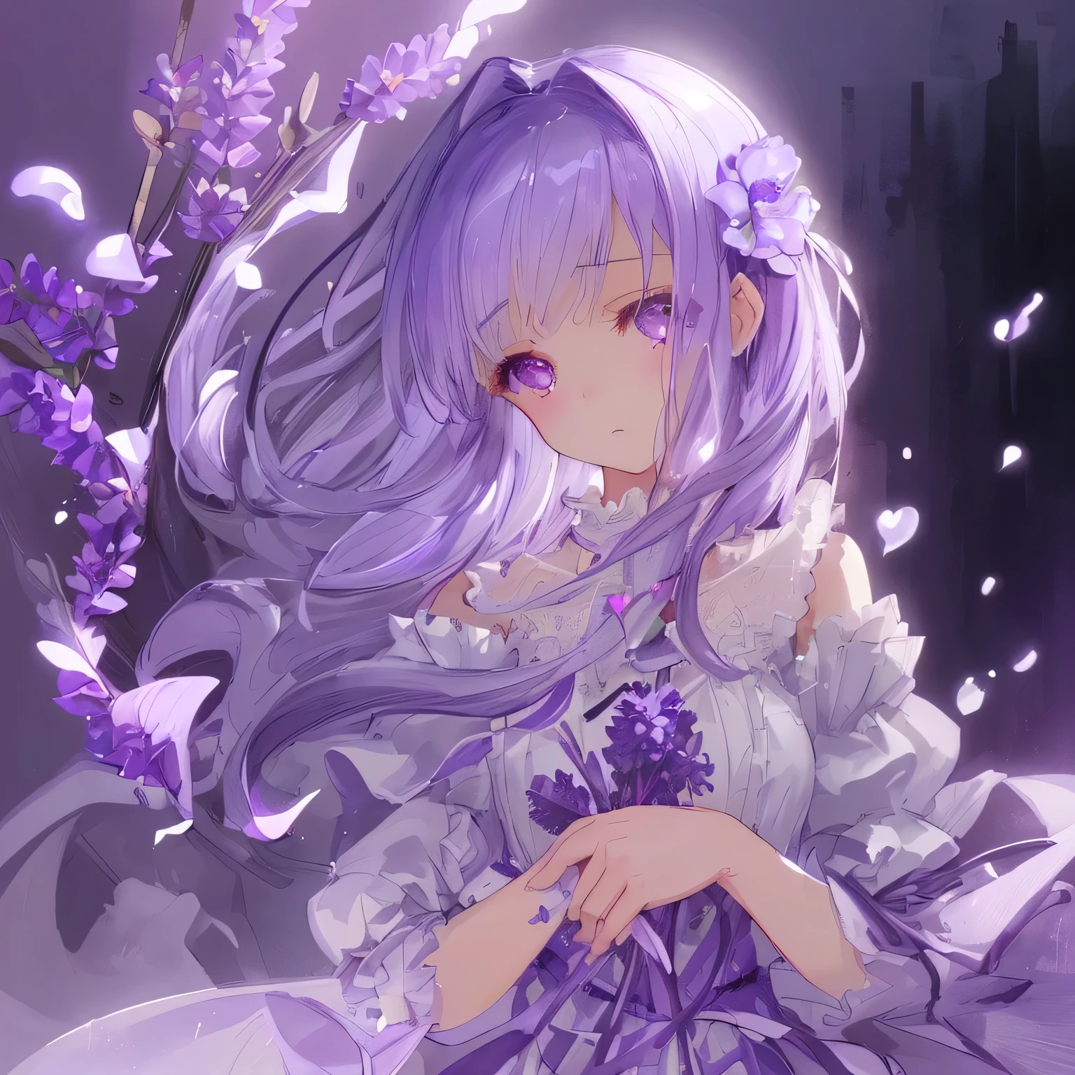 Lavender-themed artwork, ((highest quality)), High resolution, 8k, Cinematic Light, High Contrast, Written boundary depth, Strong brilliance, Detailed Background, One Girl, cute, fine grain, Shining Eyes, Detailed Iris,Soothing、Sweet smell、attractive、Calm、Grown-up、Sexy、Teardrop、kind、