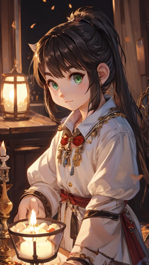 A young woman with light brown hair and a ponytail wearing a fantasy white costume、Green Eyes