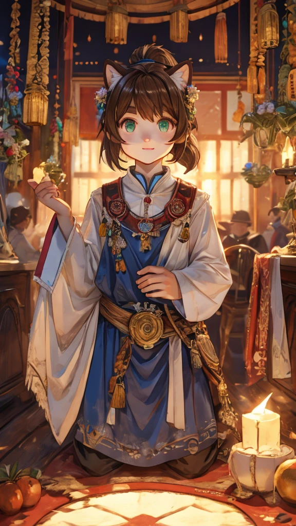 A young woman with light brown hair and a ponytail wearing a fantasy white costume、Green Eyes