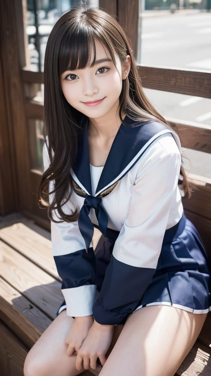 An innocent 、((Sailor suit、 Too much exposure、Cute and elegant, Dramatic Pose)),smile,Long Hair、RAW Photos, (8k、highest quality、masterpiece:1.2)、(Intricate details:1.4)、(Realistic:1.4)、Octane Rendering、Complex 3D rendering with ultra-detail, Studio Soft Light, Rim Light, Sharp details, Super Detail, Realistic skin texture, detailed aspects, Beautiful details in the eyes, Highly detailed CG Unity 16k wallpaper, Compensate, (Detailed Background:1.2), Glowing Skin, whole body,Put your hands down、(stand with feet apart,)、恥ずかしいsmile、I can see your thighs、White high heels、Bright lighting、Low Angle、Model standing、Emphasized cleavage