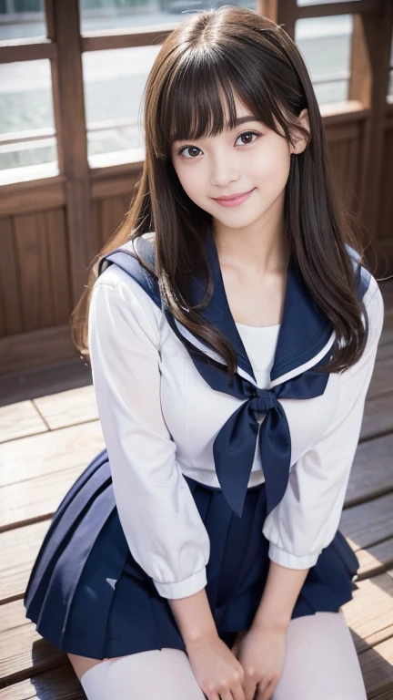 An innocent 、((Sailor suit、 Too much exposure、Cute and elegant, Dramatic Pose)),smile,Long Hair、RAW Photos, (8k、highest quality、masterpiece:1.2)、(Intricate details:1.4)、(Realistic:1.4)、Octane Rendering、Complex 3D rendering with ultra-detail, Studio Soft Light, Rim Light, Sharp details, Super Detail, Realistic skin texture, detailed aspects, Beautiful details in the eyes, Highly detailed CG Unity 16k wallpaper, Compensate, (Detailed Background:1.2), Glowing Skin, whole body,Put your hands down、(stand with feet apart,)、恥ずかしいsmile、I can see your thighs、White high heels、Bright lighting、Low Angle、Model standing、Emphasized cleavage