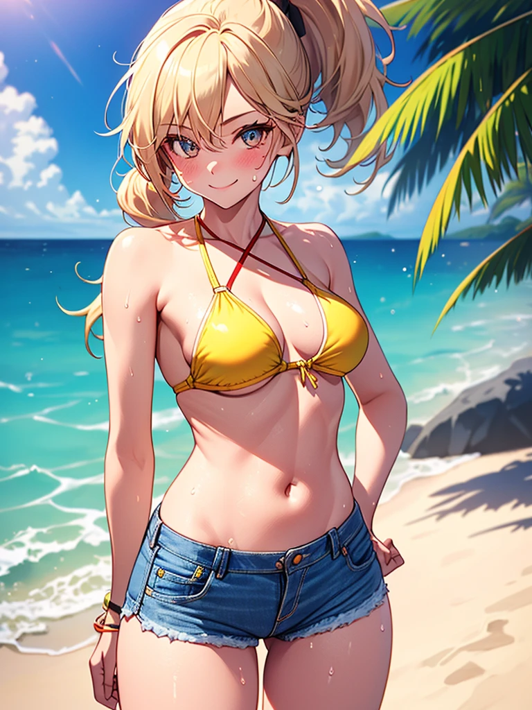 (highest quality, High resolution, perfect pixel, Depth of bounds written, 4K), beach, detailed eyes, (1 lady), tall, (skinny body:1.2) , (thin thighs:1.2), (small butt), large breasts, blond hair, (ponytail:1.2), yellow, (denim short pants bikini:1.2), (cross halter), (panty strap:1.2), (standing), (left Hand on Hips), (light smile), blush, sweat,