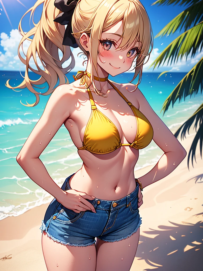 (highest quality, High resolution, perfect pixel, Depth of bounds written, 4K), beach, detailed eyes, (1 lady), tall, (skinny body:1.2) , (thin thighs:1.2), (small butt), large breasts, blond hair, (ponytail:1.2), yellow, (denim short pants bikini:1.2), (cross halter), (panty strap:1.2), (standing), (left Hand on Hips), (light smile), blush, sweat, 