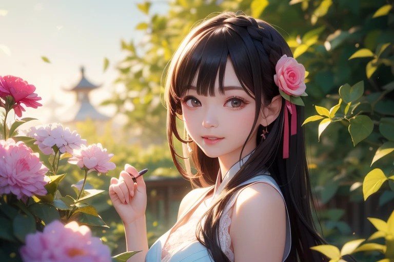 (girl: 1.5), Lace, ribbon, Hanfu, (masterpiece, Side light, 精美of and 美麗of Gray Eyes: 1.2), masterpiece, 实际of, 发光of眼睛, 闪亮of头发, Black Hair, 有光泽of皮肤, celibate, of, Bare shoulders, 精美of, 美麗of, garden, Flowers, 飄動of花瓣, ((Best image quality, 8k, masterpiece:1.3)), 1 Girl, 有纤细腹肌of美丽女人:1.3, (casual hairstyle), Princess dress:1.1, Super thin face, 细致of眼睛, Double eyelids,Smile,Home