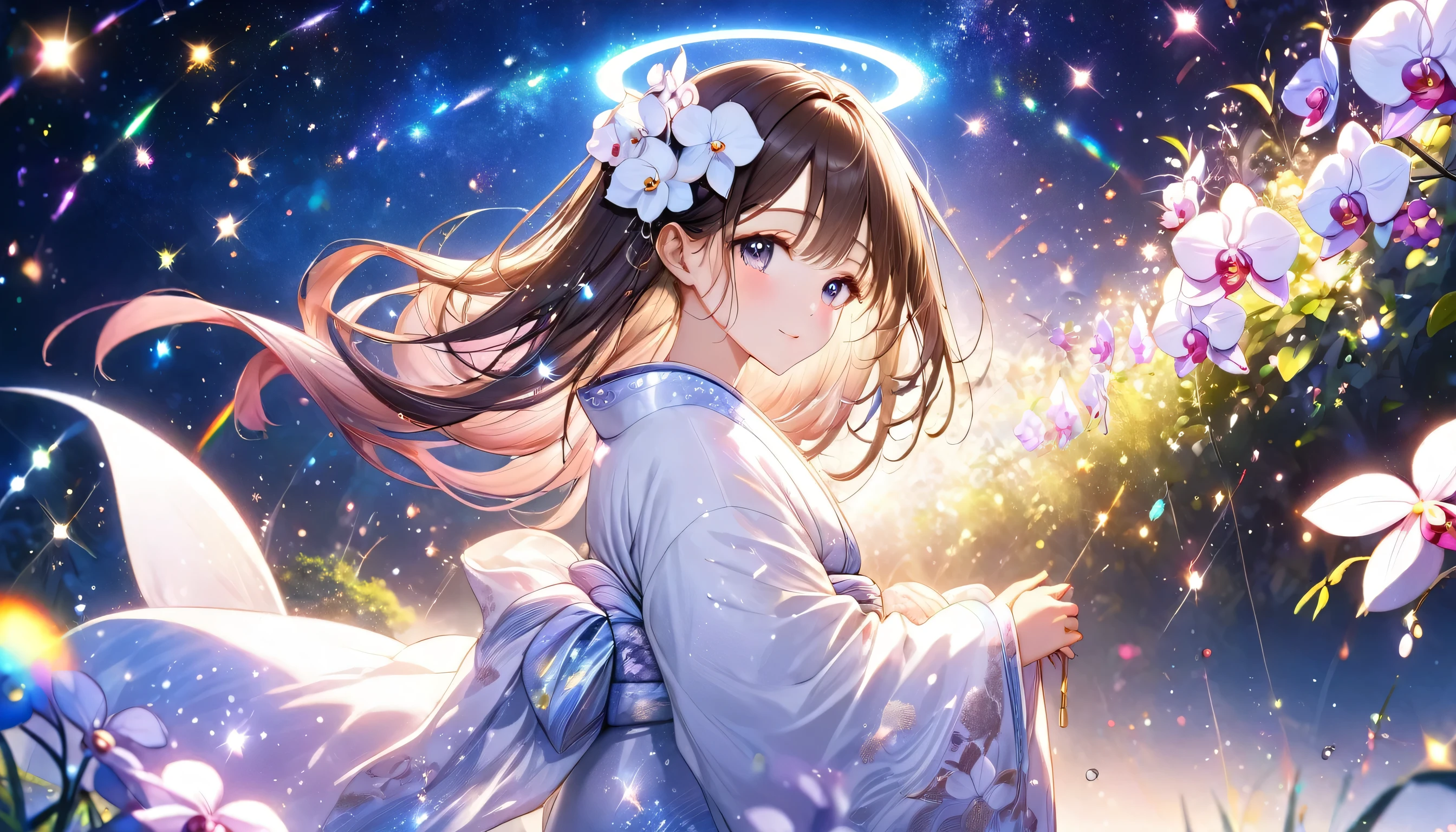 panoramic (in the Fukuoka Ranch), halo, magic particles, light particles, several colored stars, in the midnight, BREAK, (solo bob brown hair long hair cute lady), ((in a white beautiful Kimono with Phalaenopsis aphrodite:1.5)), (light particles, rainbow gradation), break, perfect anatomy, masterpiece, best quality, 16k.