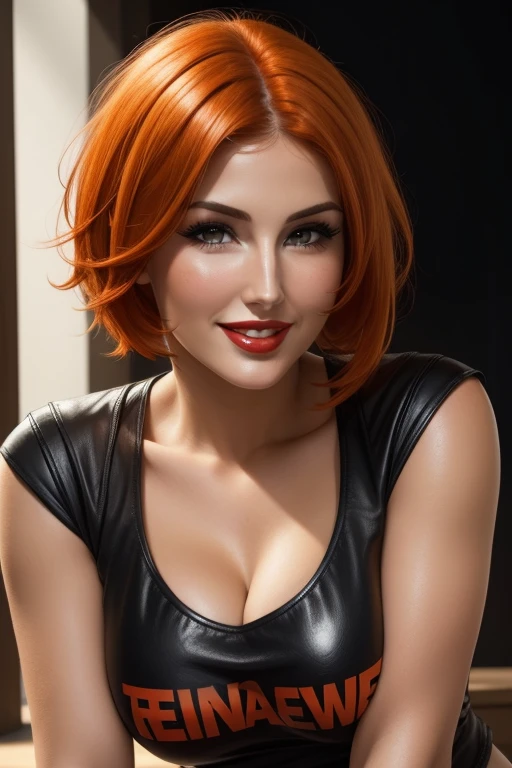 Lucy Pinder, Face portrait, red lipstick, smiling, orange hair, short hair, Leather t-shirt, black t-shirt