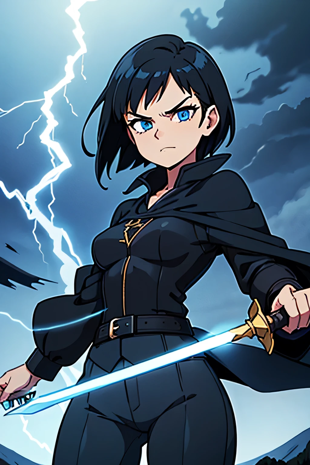 1girl, highly detailed, masterpiece, best quality, correct hands, small breasts, short black hair, blue eyes, black robes, black pants, blue shirt, black vest, defined curves, smug look, satisfied look, mountain background, storm, lightning, holding a sword, floating, stormy atmosphere, surrounded by lightning, flying, off the ground