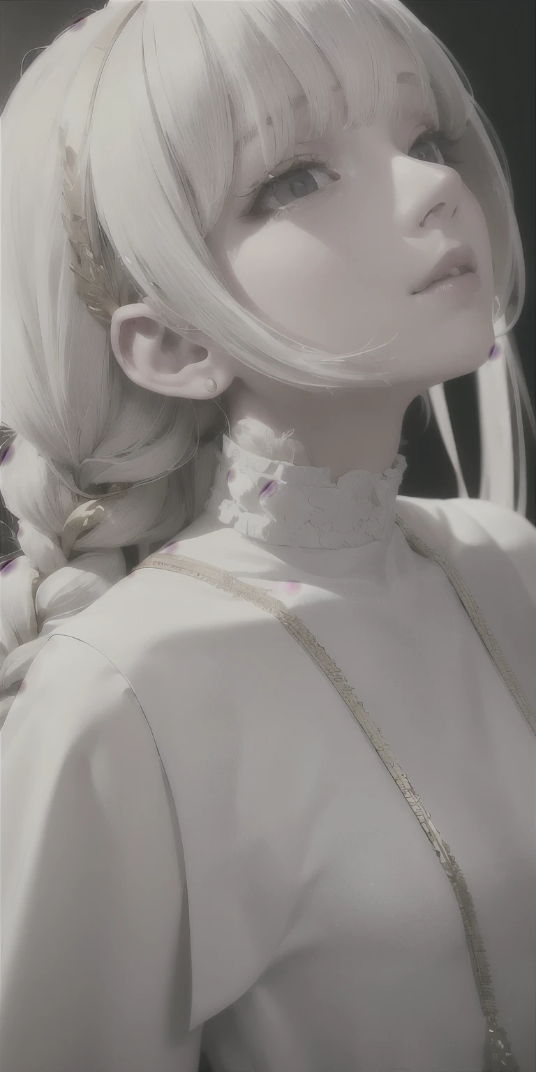 best quality, masterpiece,white hair, gold eyes,white clothes, looking up, upper body,hair strand,Fair skin,side braids