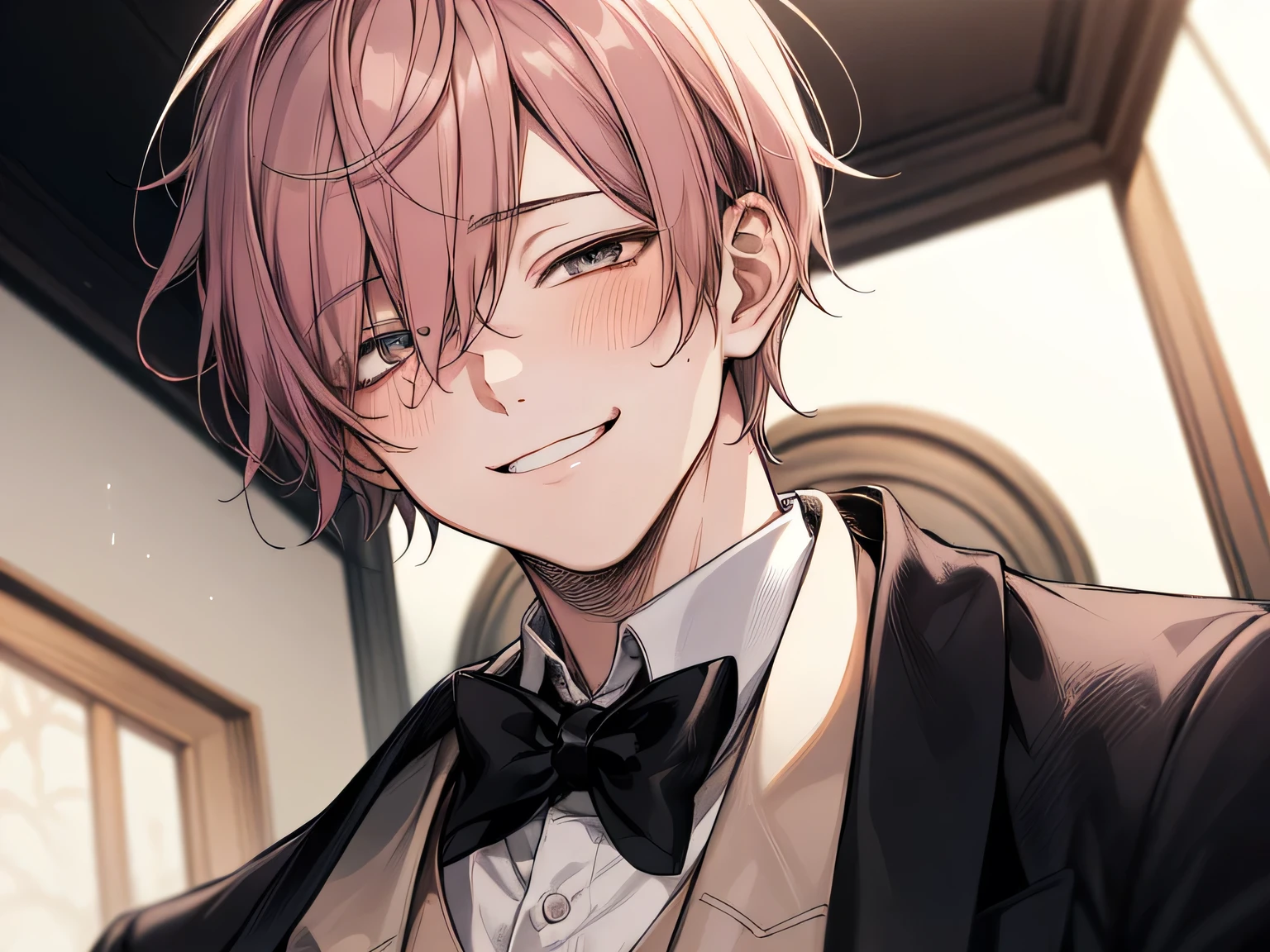 masterpiece,Face close-up,Angle from below,male, 10 years old,(male1 person)、solo,Adult,A gentle smile,Tea-colored hair,mash,(Droopy eyes),Lewd Eyes,White tuxedo,sweating,,smile,Background Spotlight