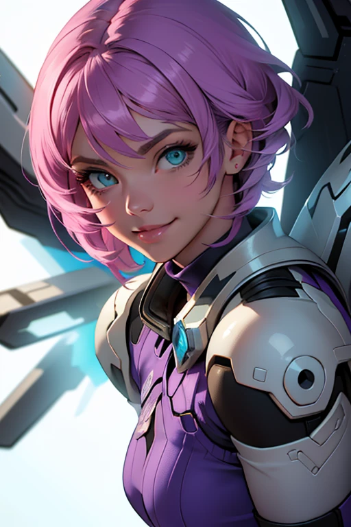 Alisa a robotic fantasy girl with robotic face, estilo de cabelo rosa, vestindo uma camiseta branca, Happy face and small smile with blue lips, grandes olhos verdes, fundo roxo simples, make it for the NFT market, cabelo curto rosa multicor, mechanical wings, Tekken
