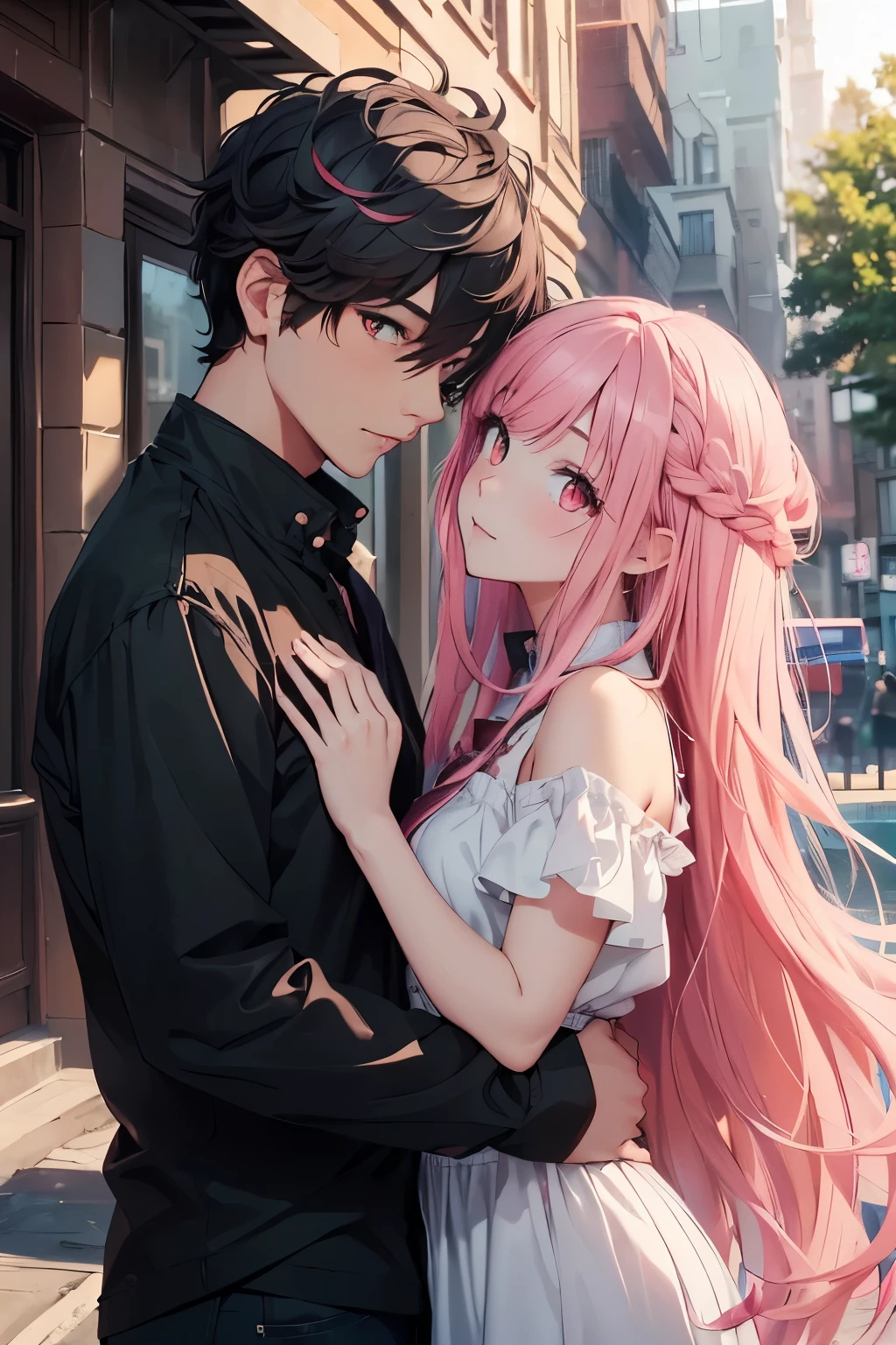 couple, looking into each other eyes, 1girl, (((masterpiece, best quality, scenery, aesthetic))), heavenly, ((girl with red eyes, vibrant pink long hair)), tsundere, ((intimate)), 1boy, ((boy with green eyes, short black curly hair))