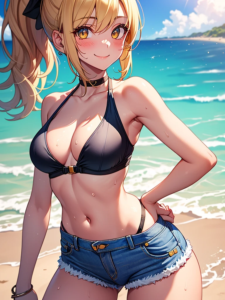 (highest quality, High resolution, perfect pixel, Depth of bounds written, 4K), beach, detailed eyes, (1 lady), tall, (skinny body:1.2) , (thin thighs:1.2), (small butt), large breasts, blond hair, (ponytail:1.2), yellow, (denim short pants bikini:1.2), (cross halter), (panty strap:1.2), (standing), (left Hand on Hips), (light smile), blush, sweat,