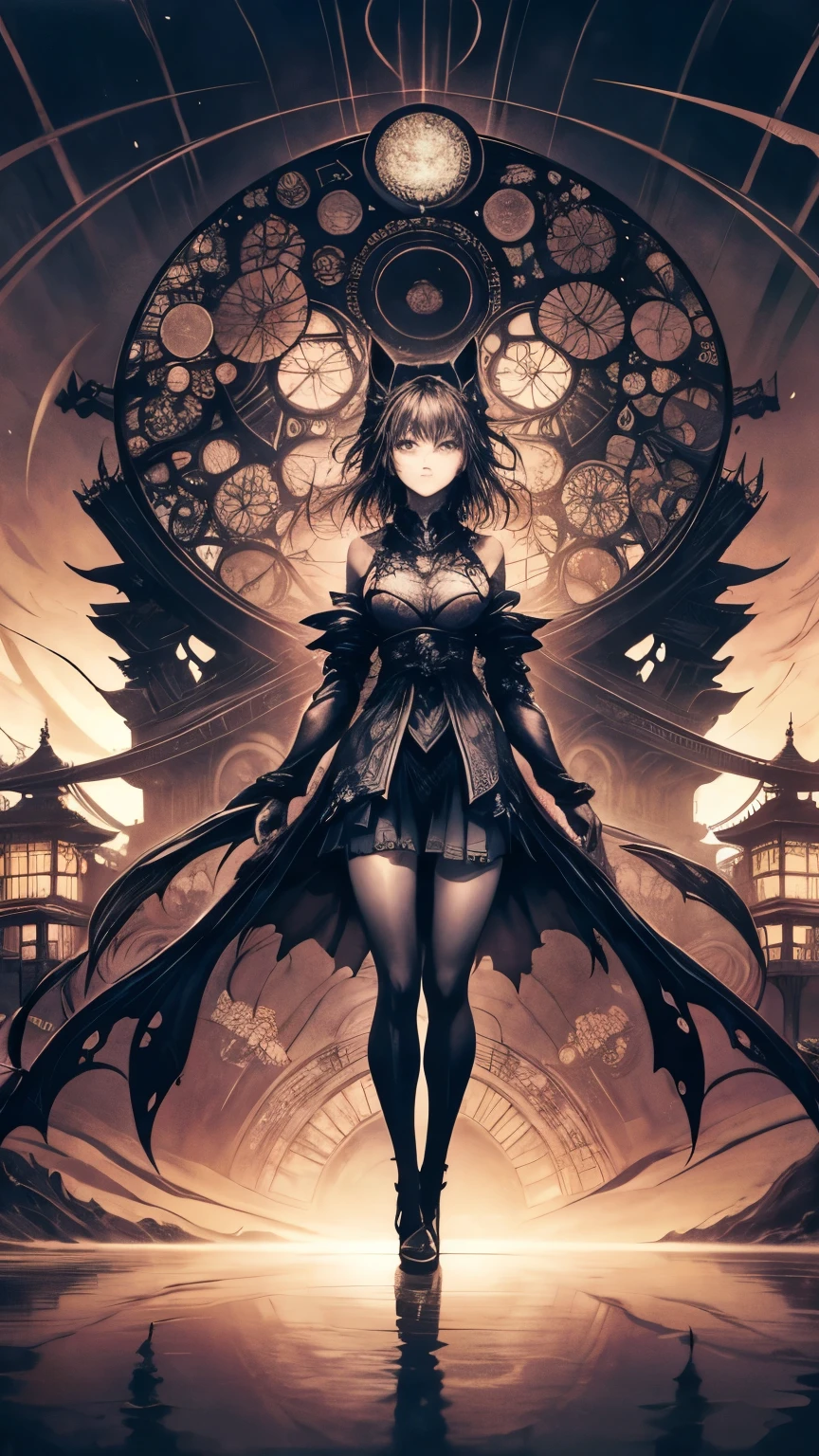 Arthur Rackham, DaisukeRichard, Surreal, mysterious, strange, fantastical, fantasy, Sci-fi, Japanese anime, kaleidoscope city, miniskirt beautiful girl drawing architectural drawings, perfect voluminous body, reflection and symmetry, detailed masterpiece full colours perspectives angles zoom in