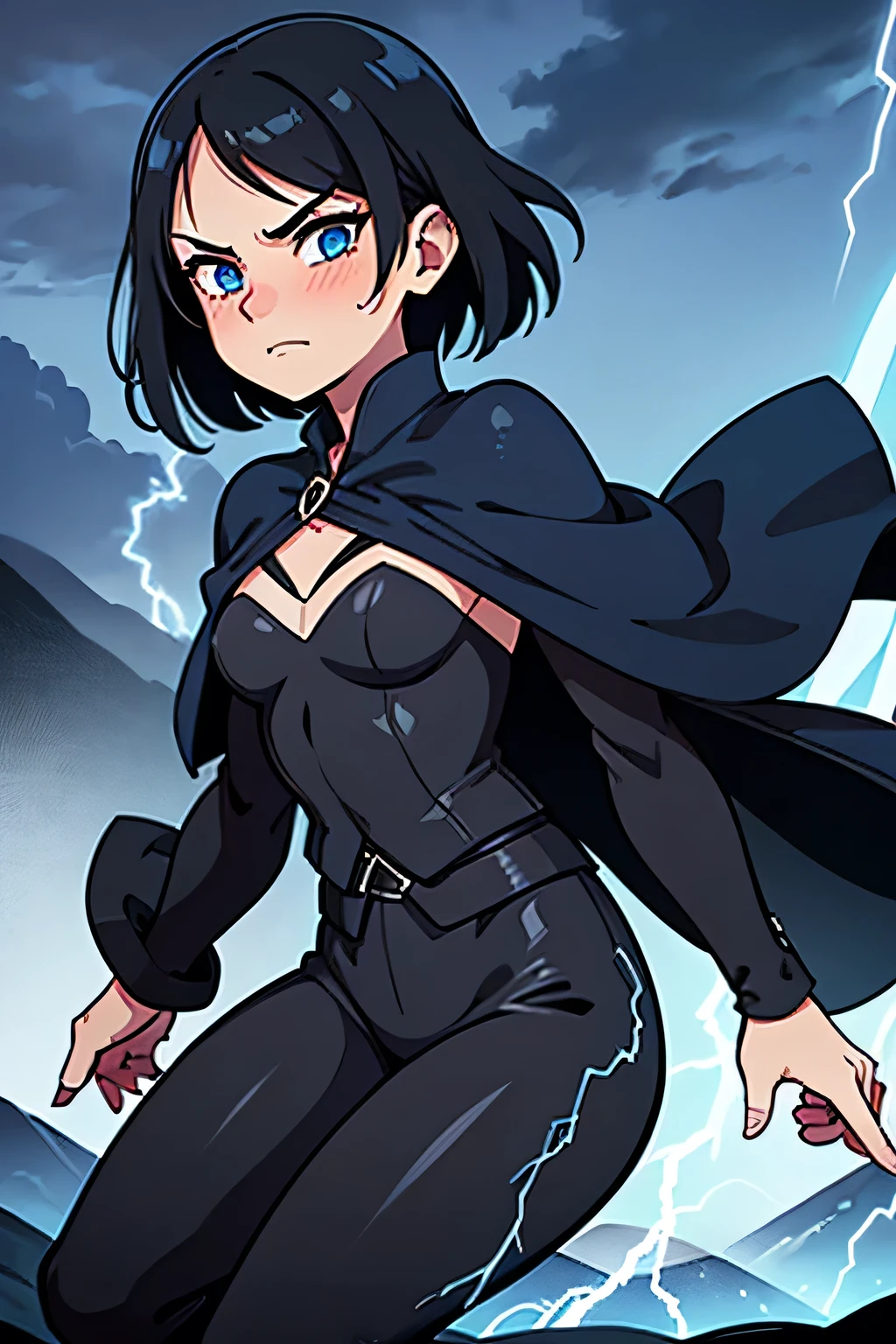 highly detailed, masterpiece, best quality, correct hands, small breasts, short black hair, blue eyes, black robes, black pants, no shirt, defined curves, smug smile, blushing, mountain background, storm, lightning, floating, stormy atmosphere, surrounded by lightning, flying, off the ground