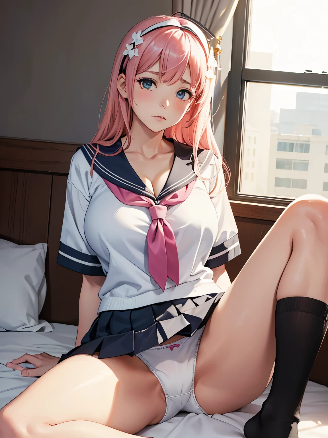 1girl in, Solo, (masutepiece, Best Quality:1.2), Realistic, hyper realisitic, Official, Detailed face, Face Focus, Mature Women, A MILF, chubby, cleavage, Blake Honoka, Pink hair, Hair Ornament,   coverd nippple，Sit down、Spread your legs、(White panties that bite into:1.4)、Show off、(high-school uniform)、(Dark blue pleated skirt)、(Wear black socks)、hotel、On a hotel bed、moody expression、