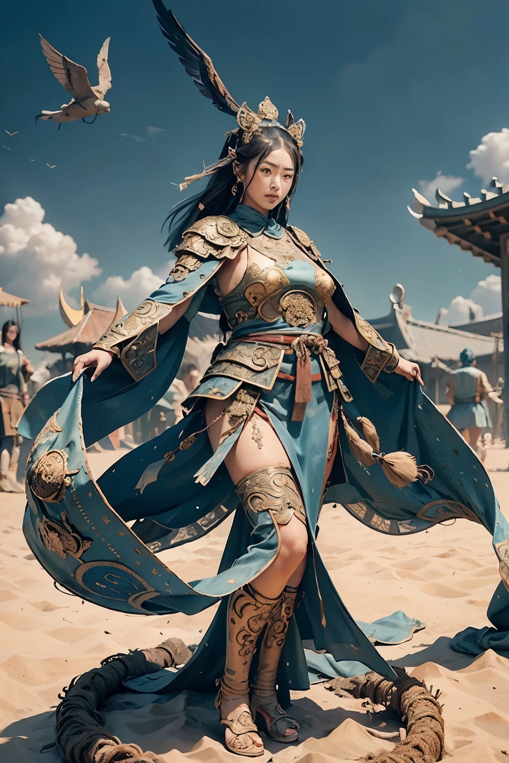 The vintage photography of the Dunhuang Flying Lady Statue, capturing her graceful form mid-flight, is brought to life with the Fujifilm X-T4 camera at eye-level. The wide, close-up shot emphasizes every intricate detail of her ancient figure, from the folds of her robes to the expressive curves of her wings. With the camera set to high resolution, each pixel comes alive, revealing a level of clarity that transports the viewer back to the deserts of Dunhuang. The vibrant colors and textures seemingly leap off the screen in this stunning, eye-catching masterpiece.