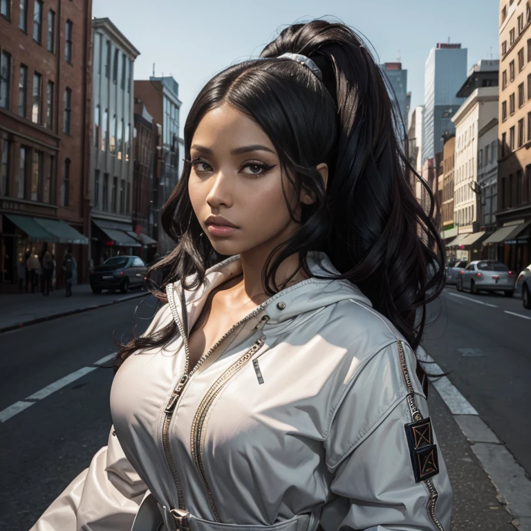 "(Nicki Minaj), dark brown skin, portrait, highly detailed, modern urban style, city backdrop, direct gaze, defined contours."