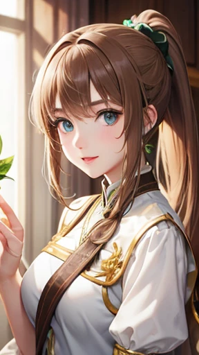A young woman with light brown hair and a ponytail wearing a fantasy white costume、Green Eyes
