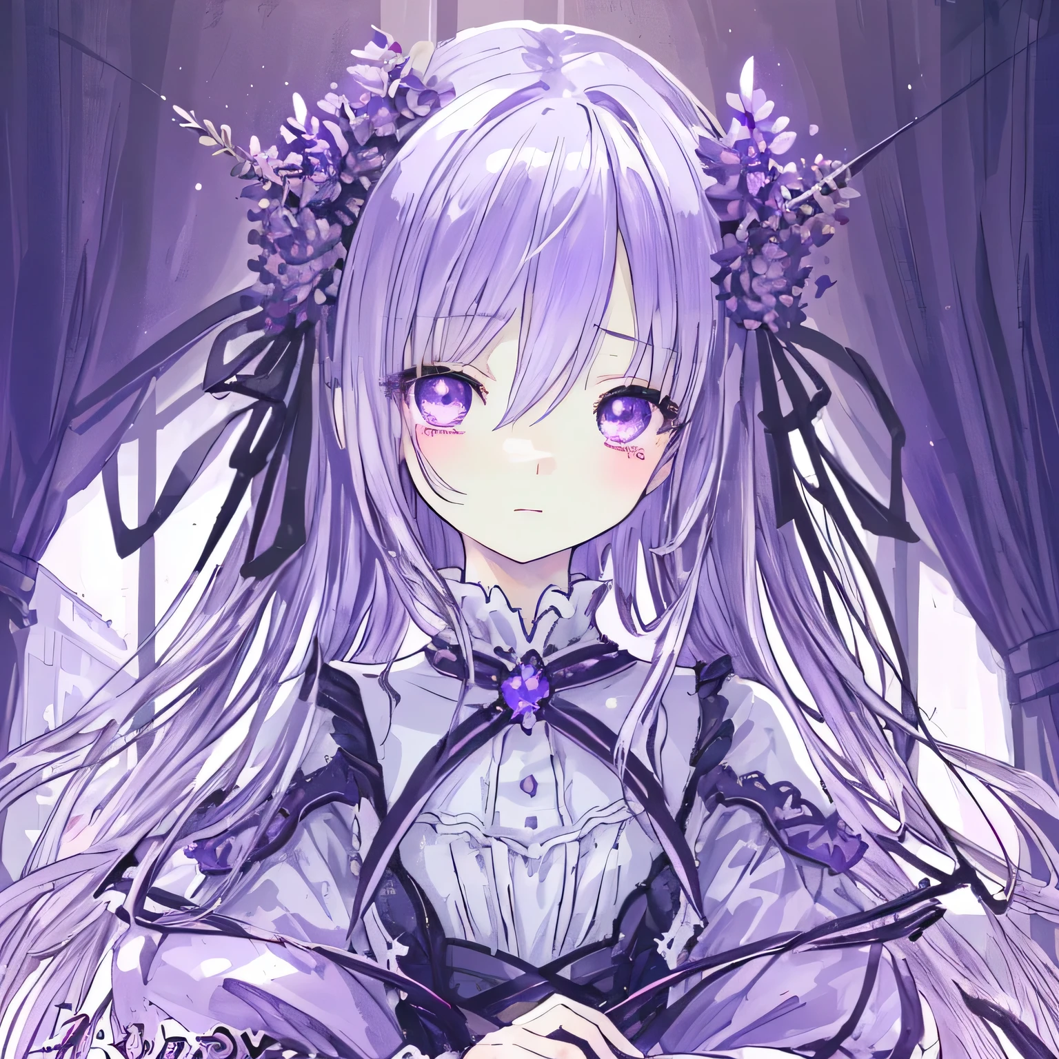 Lavender-themed artwork, ((highest quality)), High resolution, 8k, Cinematic Light, High Contrast, Written boundary depth, Strong brilliance, Detailed Background, One Girl, cute, fine grain, Shining Eyes, Detailed Iris,Soothing、Sweet smell、attractive、Calm、Grown-up、Sexy、Teardrop、kind