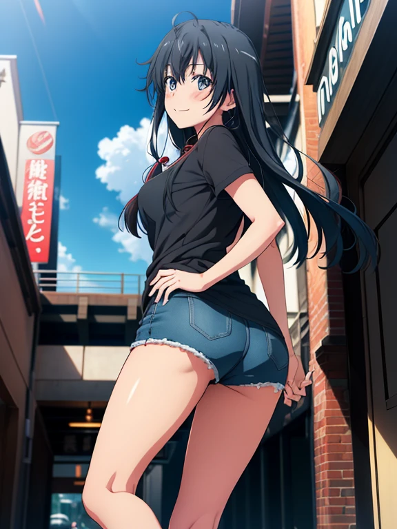 ((masutepiece, Best Quality, hight resolution, nffsw, Perfect Pixel, depth of fields, 4K, )), 1girl in, Solo, , Beautiful anime girl, Beautiful Art Style,
very low view angle:1.3, view from below:1.5, sky from below:1.5, shopping mall background, walking:1.5,
Perfect body, smile face:1.5, Looking back:1.5, show ass:1.5,
yukinoshita yukino, black hair, long hair, large breasts, short pants:1.5, black tshirt:1.5,
Full face blush, black socks:1.5, red converse:1.5, red face,
straight on:1.3, medium shot