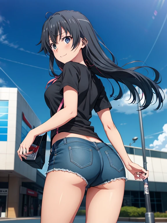 ((masutepiece, Best Quality, hight resolution, nffsw, Perfect Pixel, depth of fields, 4K, )), 1girl in, Solo, , Beautiful anime girl, Beautiful Art Style,
very low view angle:1.3, view from below:1.5, sky from below:1.5, shopping mall background, walking:1.5,
Perfect body, smile face:1.5, Looking back:1.5, show ass:1.5,
yukinoshita yukino, black hair, long hair, large breasts, short pants:1.5, black tshirt:1.5,
Full face blush, black socks:1.5, red converse:1.5, red face,
straight on:1.3, medium shot