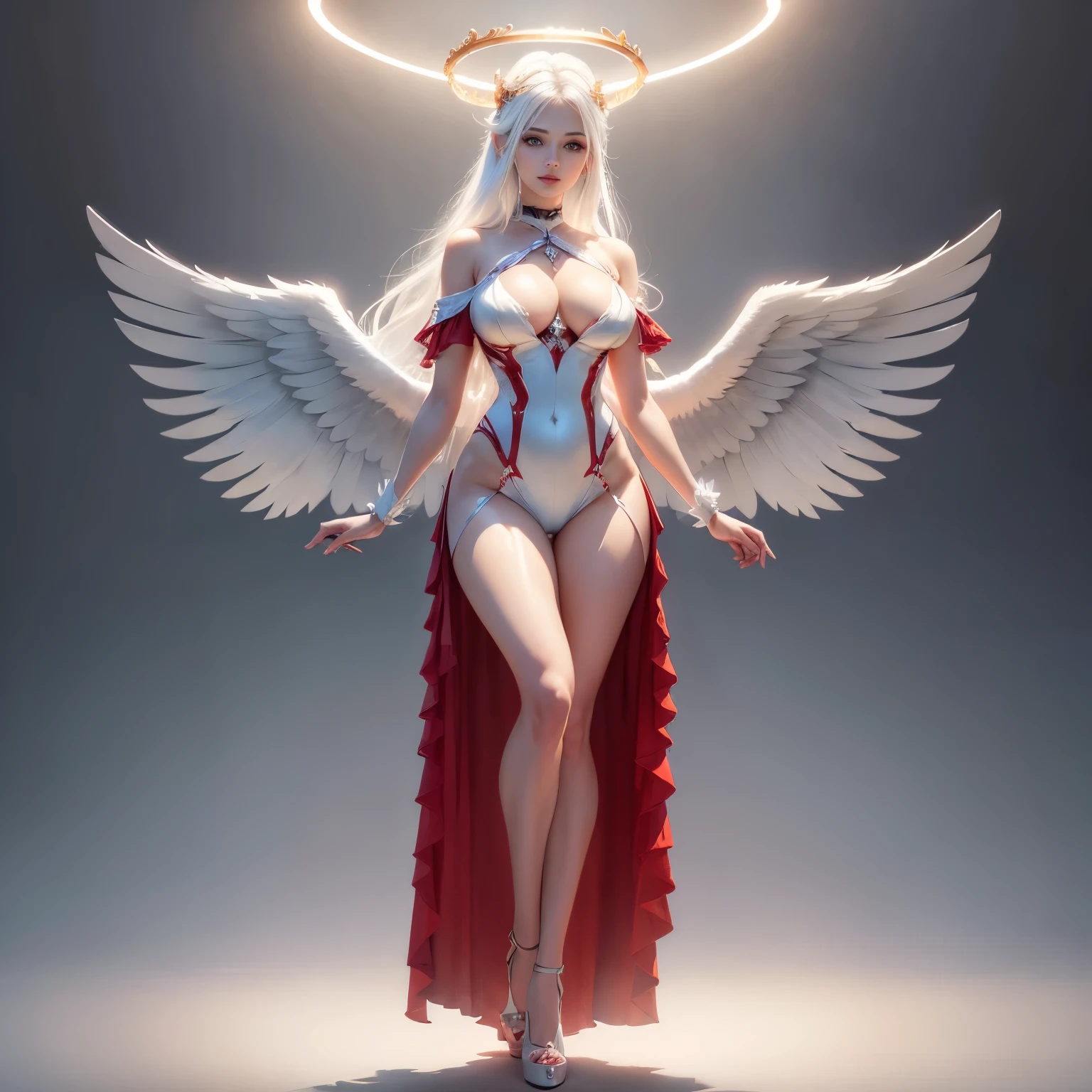 symmetry, portrait, full body shot, 8k, super detail, accurate, best quality, 16k, highres, best quality, award winning, super detail, anatomically correct, masterpiece, retina, UHD, Ombre, Smile, Cleavage, Pure, High heels, Laces, Glitter, No bra, Offshoulder, Highly detailed facial and skin textures, Detailed eyes, (photorealistic:1.4, clear:1.2, perfect body, beauty:1.4, slim abdomen:1.2, big breasts:1.2, fit:1.5, full-body shot:1.4, random hairstyles:1.2), choker, 1 angel girl, shining wings, shining halo, exquisite headdress, beautiful female angel, large wings, white hair, white wings, ((red dress, red theme)), on clouds, golden eyes, red background, attractive legs, sexy legs, tall legs, beautiful angel, attractive angel, ((full body female angel)), clouds, ((full body photoshoot, full body, far view, full body in view, heels in view, shining halo over head, extremely bright halo, halo)), slim figure