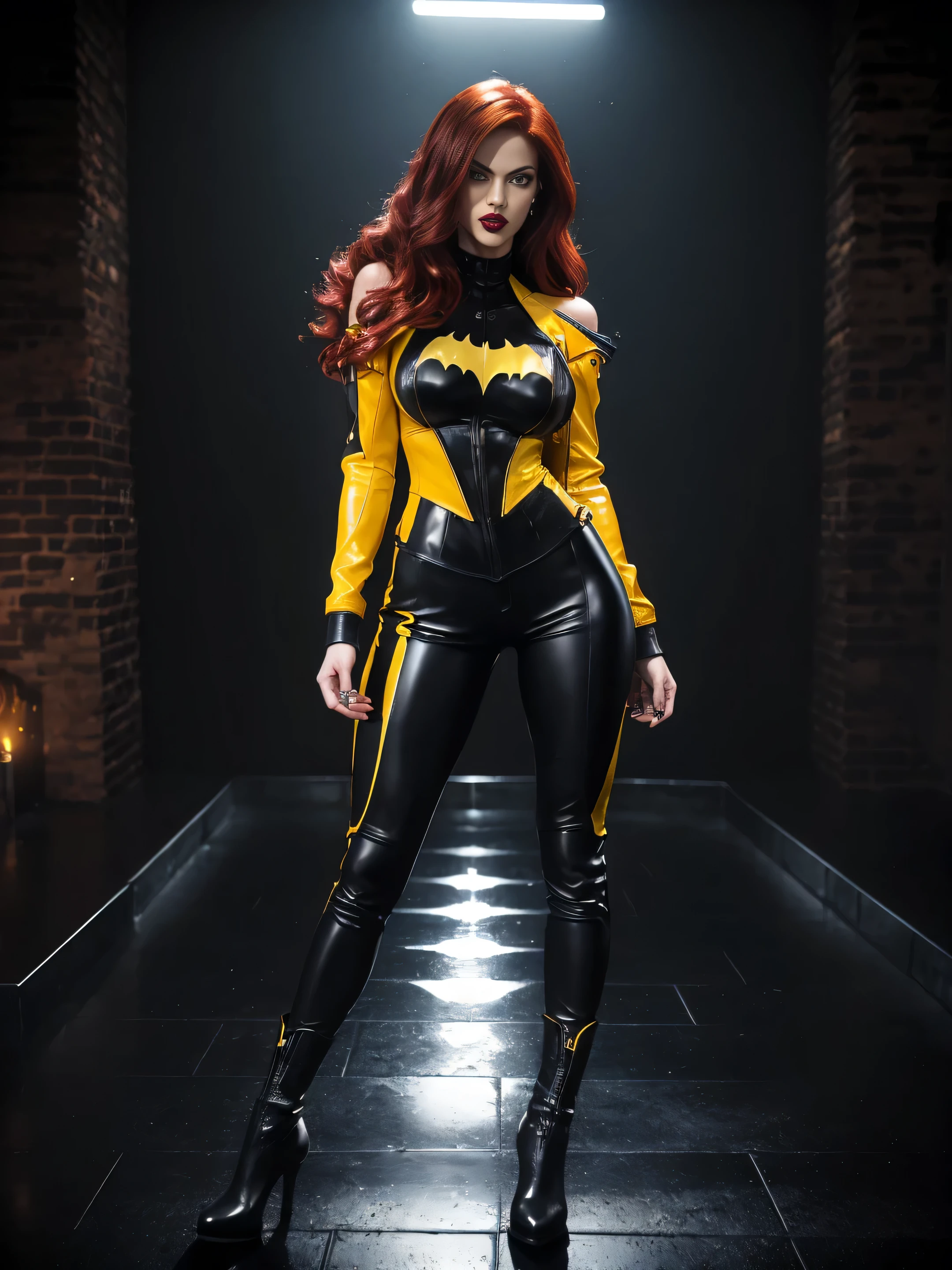 batgirl redhead sexy beautiful black and yellow tight-fitting leather jacket, tight-fitting leather pants, black high-heeled leather boots, blue long hair, black eyes, red lips, perfect hands, big breasts, broad athletic shoulders, thin waist, long muscular legs, dark brick room , twilight, thick fog, dirty floor