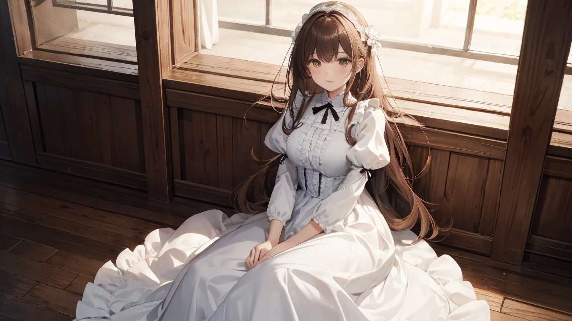 A beautiful woman wearing a white puff-sleeved dress with plenty of ruffles and lace Long Chestnut Hair Upper Body