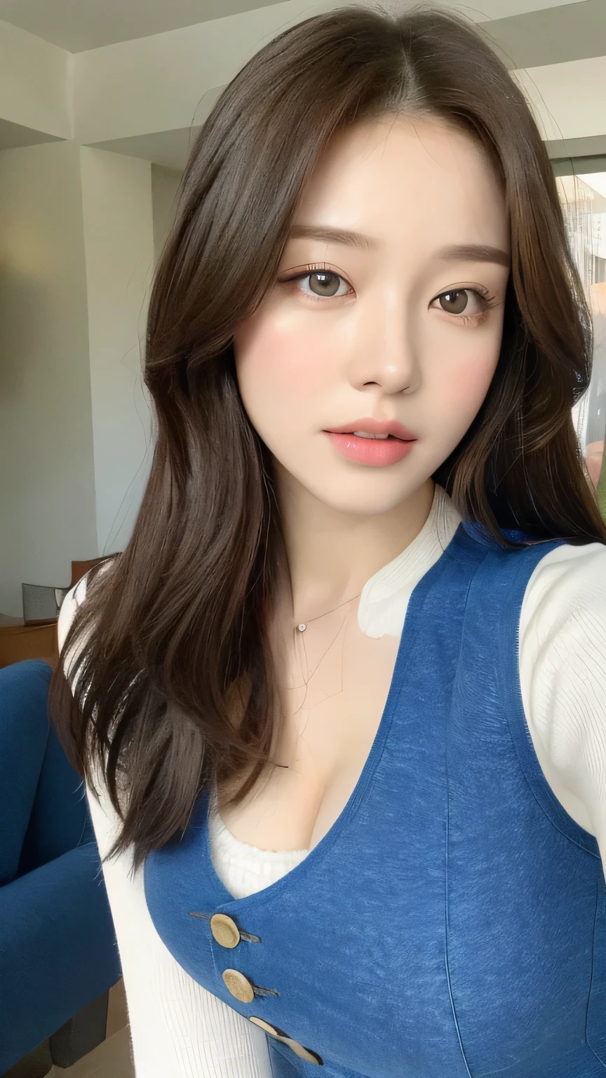(lifelike, High resolution:1.3), 1 girl with perfect figure, The face shape and eyes are super delicate,Long hair, random color vest:1.2, Short jeans, Big howing cleavage