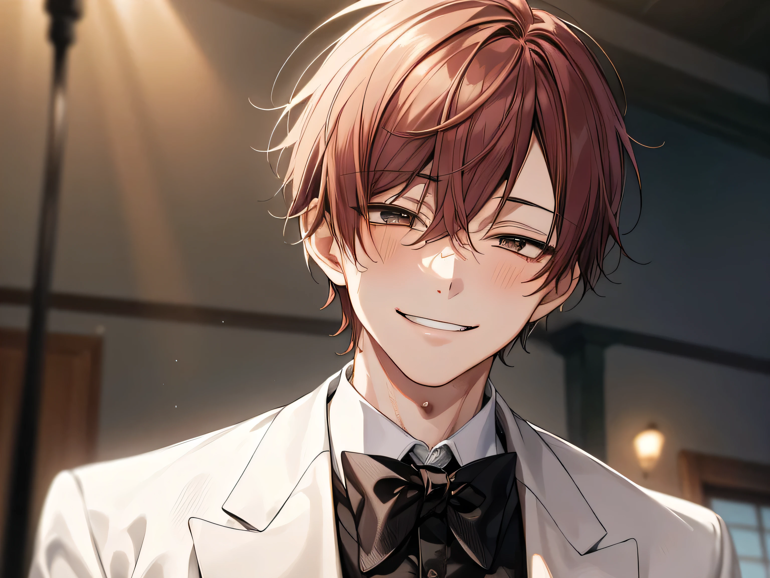 masterpiece,Face close-up,Angle from below,male, ,(male1 person)、solo,Adult,A gentle smile,Tea-colored hair,mash,(Droopy eyes),Lewd Eyes,White tuxedo,sweating,,smile,Background Spotlight