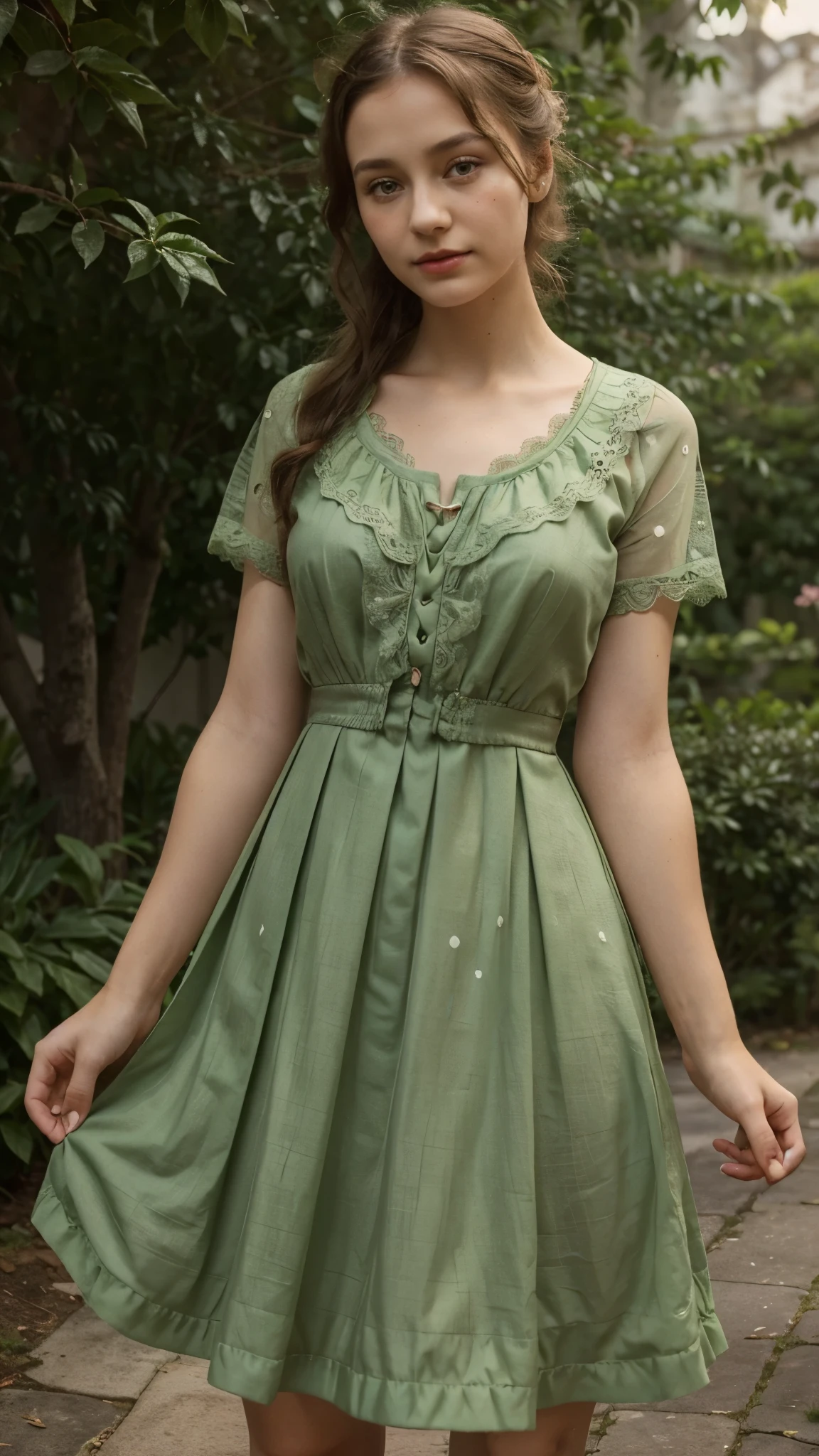  (simple style), green dress, Butterfly heart, pleated lace, Edwardian lace dress. add skin blemishes, acnes, spots beautifully, little smils, red lips, yellow sun rays, super cute and gorgeous, not sexy