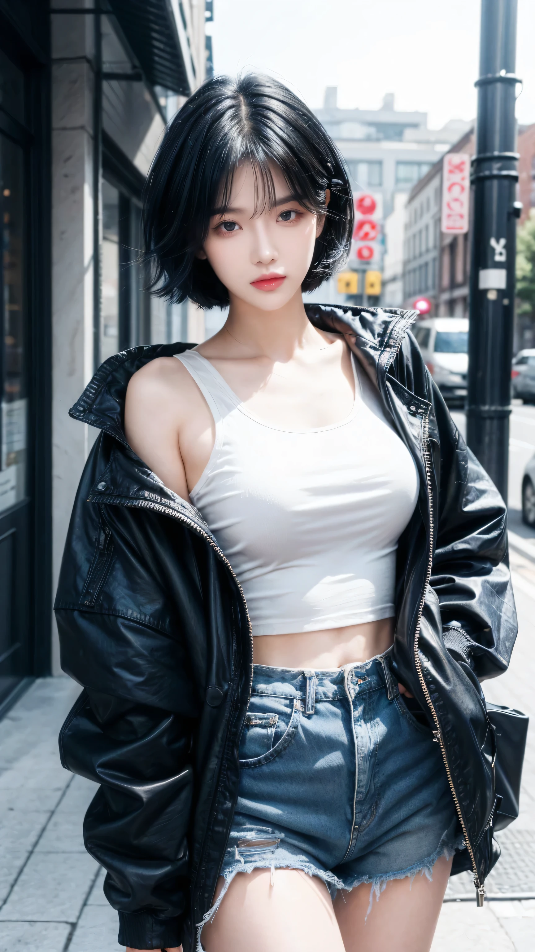 best quality, 1 Girl, dark blue hair, black eyes, Very short hair, Spiky hair, oversize t-shirt, blue jacket , High waist short jeans, 171 cm, Messy hair, Hair between the eyes, Medium breasts, full, Tomboy, aldult, 20 years old, 1 Girl