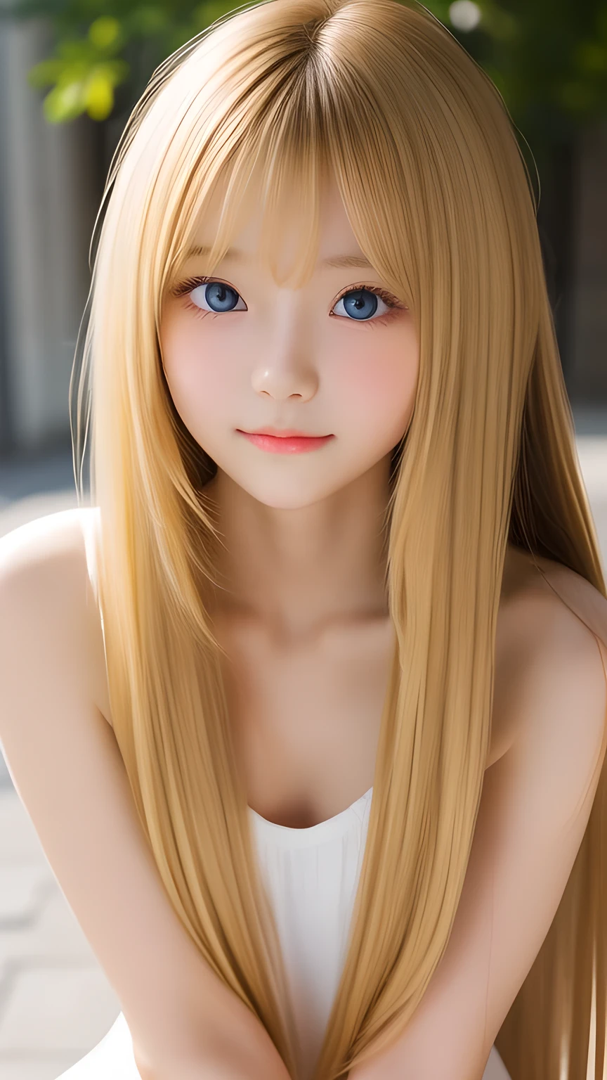 Beautiful super long straight silky hair with a dazzling golden shine、Bright expression、Blonde girl posing in a white top、long golden bangs between the eyes of the eyes,、Glossy fair skin、Glowing Cheeks、Reality Girls、 beautiful girl、Beautiful girl with shining golden platinum blonde、Beautiful big bright blue eyes、Large double eyelids