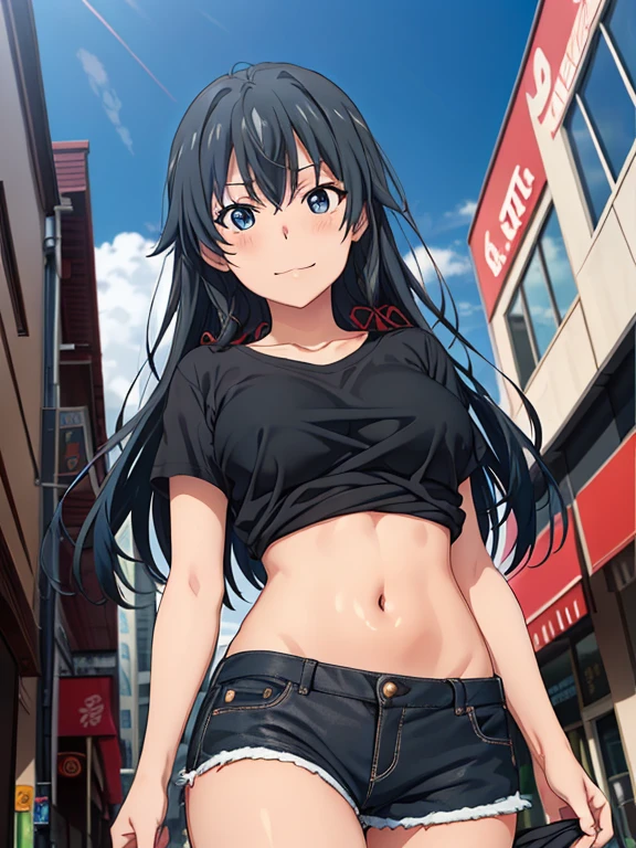 ((masutepiece, Best Quality, hight resolution, nffsw, Perfect Pixel, depth of fields, 4K, )), 1girl in, Solo, , Beautiful anime girl, Beautiful Art Style, 
very low view angle:1.3, view from below:1.5, sky from below:1.5, shopping mall background, walking:1.5,
Perfect body, smile face:1.5, Looking at viewer:1.5, underboob:1.4, hands on chest:1.5,
yukinoshita yukino, black hair, long hair, large breasts, short pants:1.5, black tshirt:1.5, 

Full face blush, black socks:1.5, red converse:1.5, red face, 
straight on:1.3, medium shot