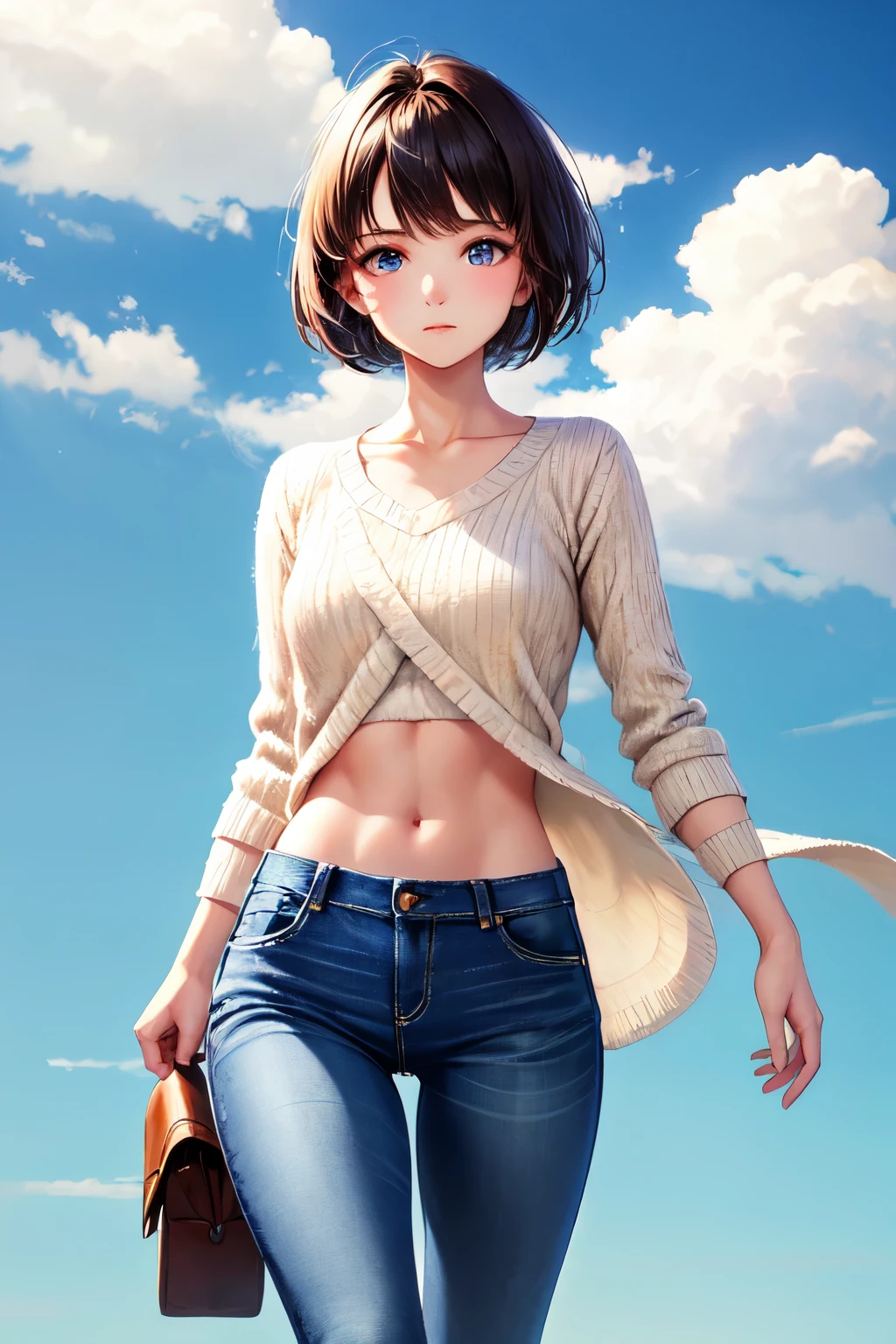 Super detailed photo of a 22 year old brunette girl with medium short loose hair, natural beauty, calm expression, strong body and medium chest, wearing woolen shoes and jeans, against a solid sky blue background.