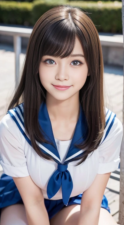 An innocent 14-year-old girl、((Sailor suit、 Cute and elegant, Dramatic Pose)),smile,Long Hair、Large Breasts、RAW Photos, (8k、highest quality、masterpiece:1.2)、(Intricate details:1.4)、(Realistic:1.4)、Octane Rendering、Complex 3D rendering with ultra-detail, Studio Soft Light, Rim Light, Sharp details, Super Detail, Realistic, detailed aspects, Beautiful details in the eyes, Blue Eyes、Highly detailed CG Unity 16k wallpaper, (Detailed Background:1.2), Glowing Skin, whole body、恥ずかしいsmile、I can see your thighs、White high heels、Bright lighting