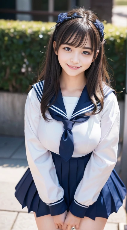 An innocent -yeld gi((Sailor suit、 Cute and elegant, Dramatic Pose)),smile,Long Hair、Large Breasts、RAW Photos, (8k、highest quality、masterpiece:1.2)、(Intricate details:1.4)、(Realistic:1.4)、Octane Rendering、Complex 3D rendering with ultra-detail, Studio Soft Light, Rim Light, Sharp details, Super Detail, Realistic, detailed aspects, Beautiful details in the eyes, Blue Eyes、Highly detailed CG Unity 16k wallpaper, (Detailed Background:1.2), Glowing Skin, whole body、恥ずかしいsmile、I can see your thighs、White high heels、Bright lighting