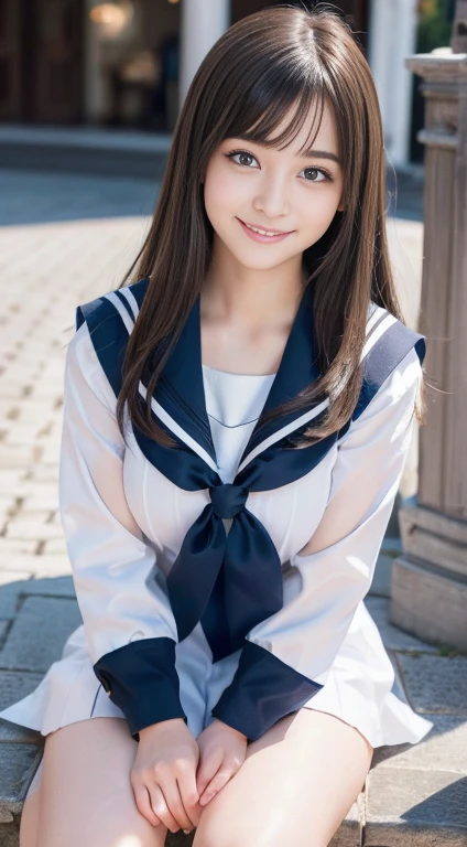 An innocent 、((Sailor suit、 Cute and elegant, Dramatic Pose)),smile,Long Hair、Large Breasts、RAW Photos, (8k、highest quality、masterpiece:1.2)、(Intricate details:1.4)、(Realistic:1.4)、Octane Rendering、Complex 3D rendering with ultra-detail, Studio Soft Light, Rim Light, Sharp details, Super Detail, Realistic, detailed aspects, Beautiful details in the eyes, Blue Eyes、Highly detailed CG Unity 16k wallpaper, (Detailed Background:1.2), Glowing Skin, whole body、恥ずかしいsmile、I can see your thighs、White high heels、Bright lighting