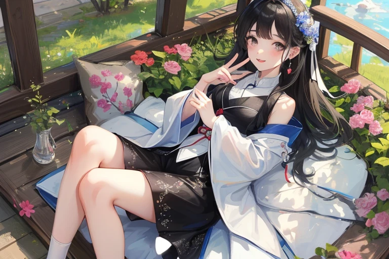 (girl: 1.5), Lace, ribbon, Hanfu, (masterpiece, Side light, 精美of and 美麗of Gray Eyes: 1.2), masterpiece, 实际of, 发光of眼睛, 闪亮of头发, Black Hair, 有光泽of皮肤, celibate, of, Bare shoulders, 精美of, 美麗of, garden, Flowers, 飄動of花瓣, ((Best image quality, 8k, masterpiece:1.3)), 1 Girl, 有纤细腹肌of美丽女人:1.3, (casual hairstyle), Princess dress:1.1, Super thin face, 细致of眼睛, Double eyelids，Smile，Home